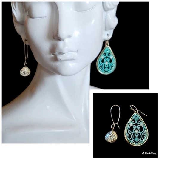 VTG Mismatched Floral Teardrop Hoop Dangle Hook Earrings - Picture 1 of 4